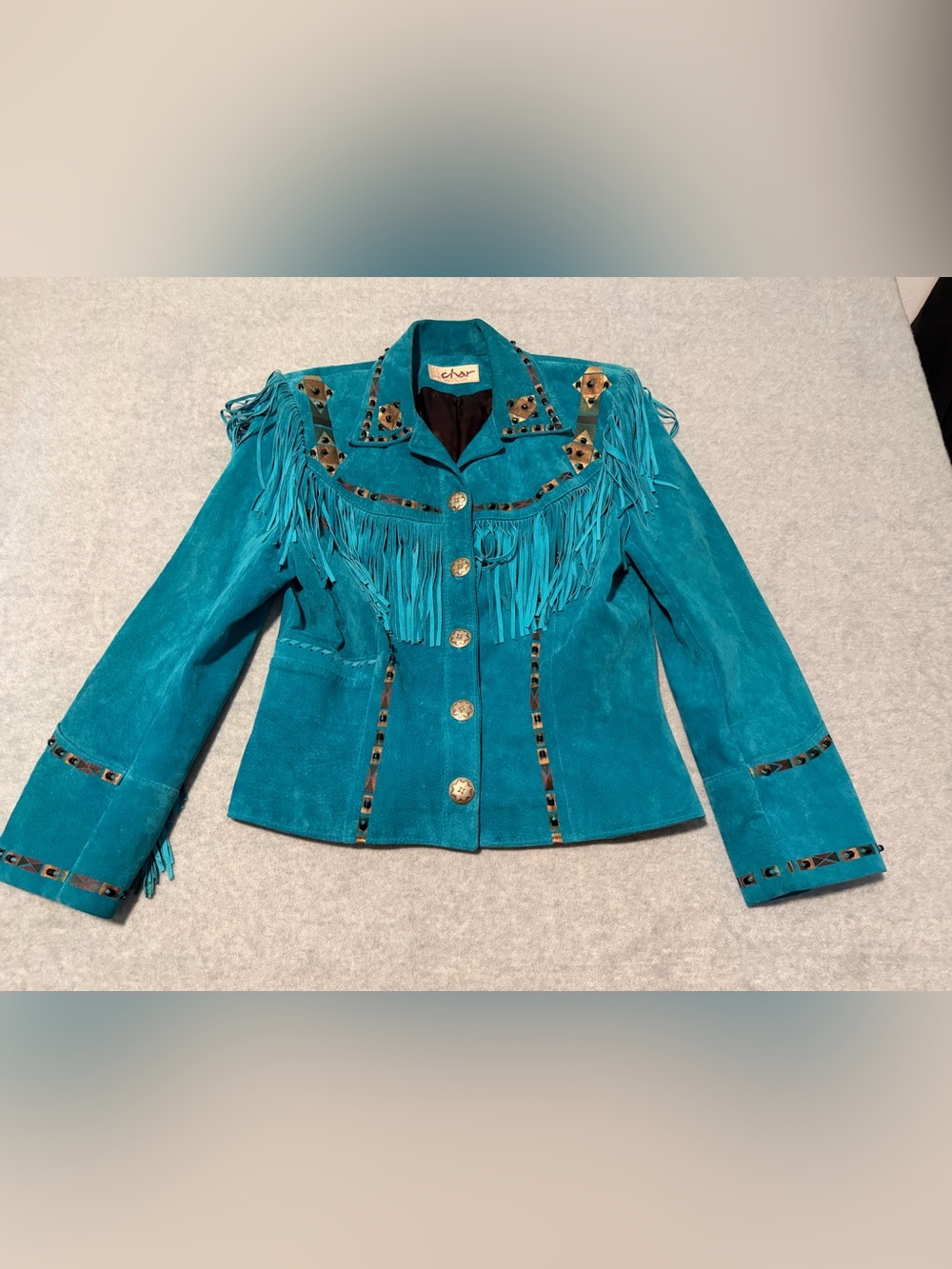 Char Santa Fe Suede Leather Jacket Silver Concho Metallic Boho Fringe Beads Sz10